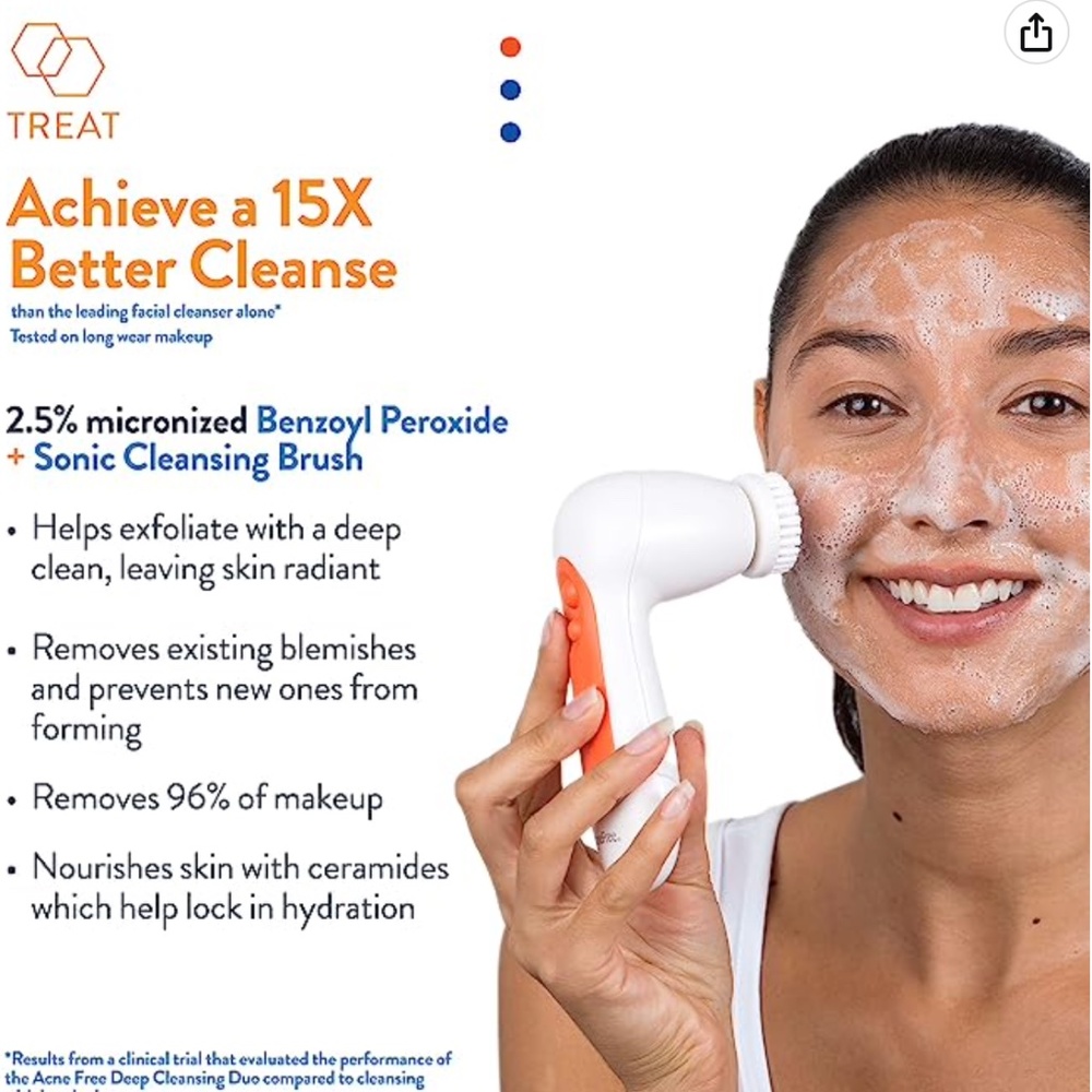 AcneFree Advanced Deep Cleansing Duo Power Facial Brush + Benzoyl Cleanser New